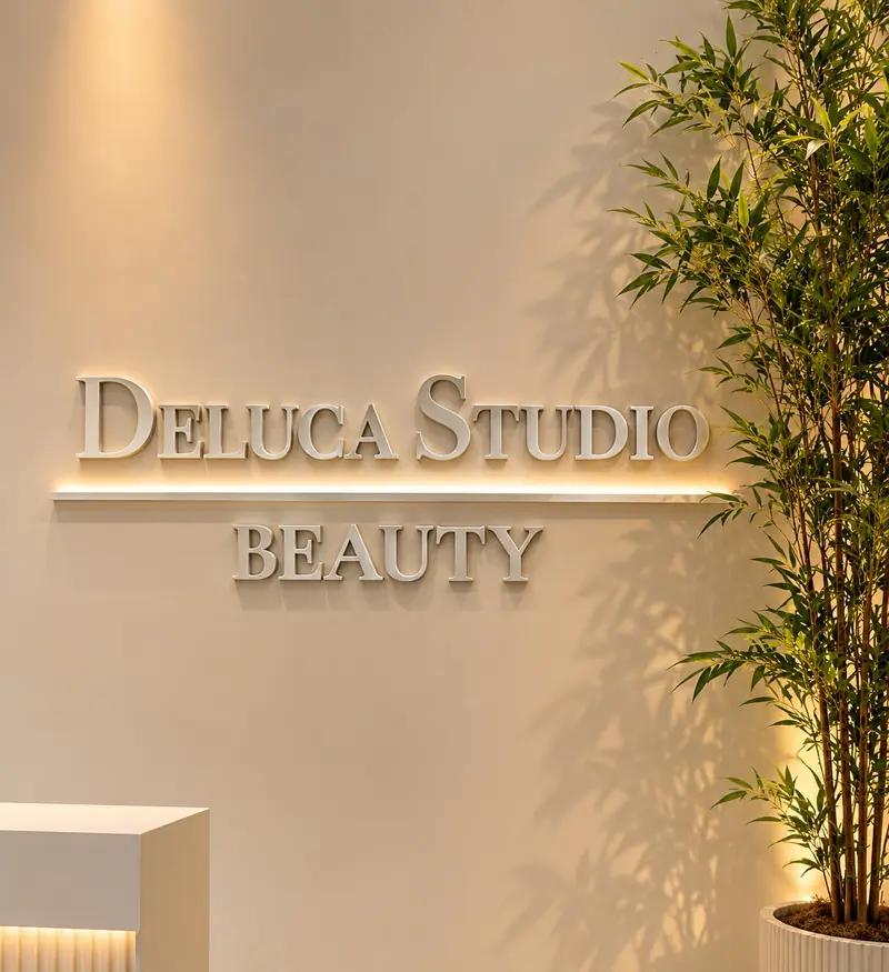 Letreiro Deluca Studio Beauty na parede do studio, em Balneário Camboriú