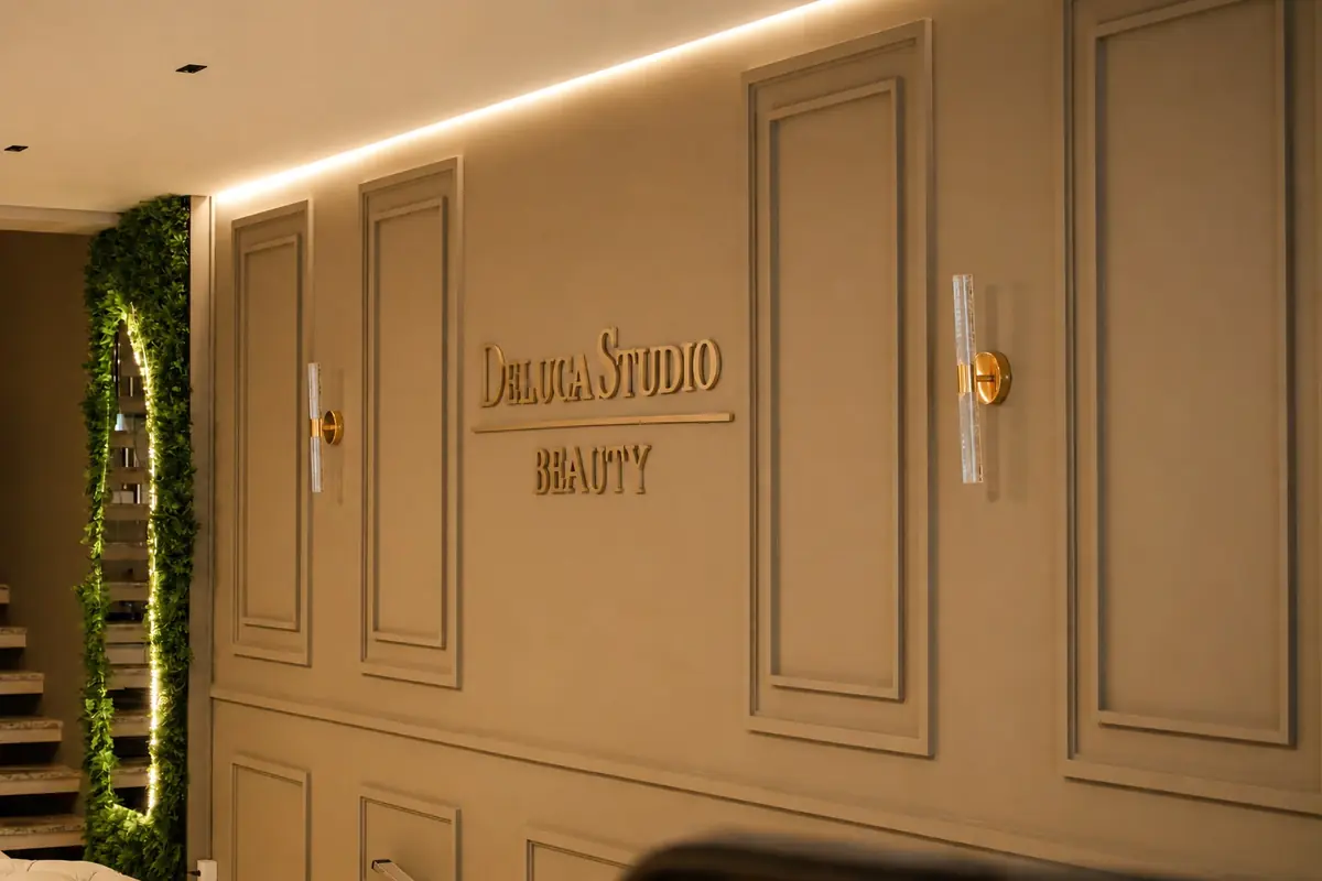 Parede com boiserie e logotipo do Deluca Studio Beauty